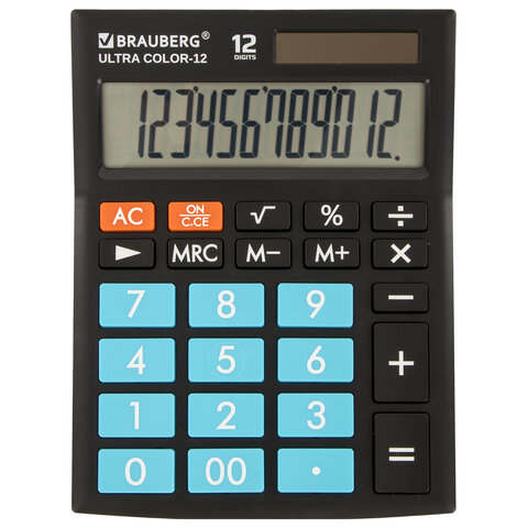 Калькулятор настольный BRAUBERG ULTRA COLOR-12-BKBU (192x143 мм), 12 разрядов, двойное питание, ЧЕРНО-ГОЛУБОЙ