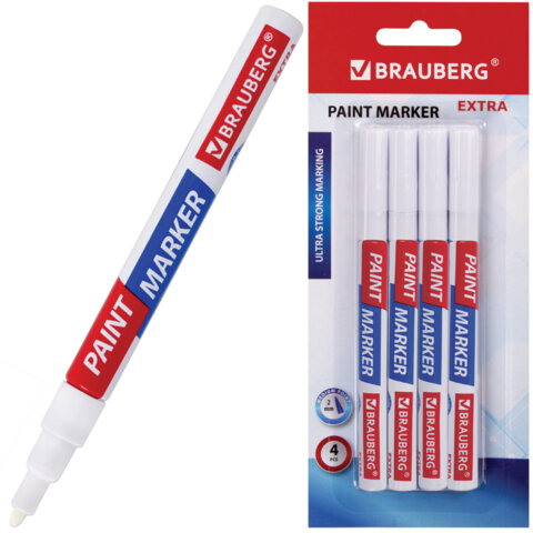 Маркер-краска лаковый EXTRA (paint marker) 2 мм, НАБОР 4 шт., УСИЛЕННАЯ НИТРО-ОСНОВА, BRAUBERG