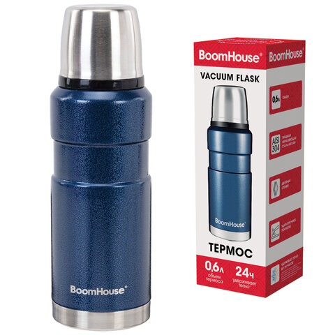 Термос 0,6 л, BOOMHOUSE (БУМХАУС) DARKBLUE, нержавеющая сталь SUS304, молотковая эмаль, крышка/кружка