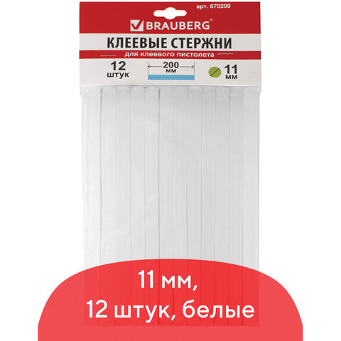 Клеевые стержни, диаметр мм, длина 200 мм, комплект 12 штук, BRAUBERG, европодвес