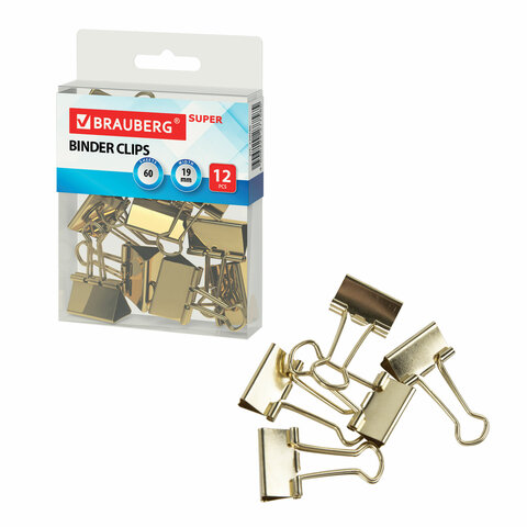 Зажимы для бумаг BRAUBERG EXTRA, КОМПЛЕКТ 12 шт., 19 мм, на 60 л., золотистые, европодвес