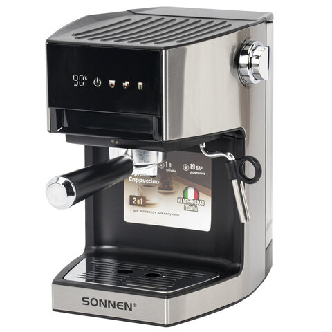 Кофеварка рожковая с дисплеем SONNEN CM-2066, ручной капучинатор, сенсор, 1 л, 950 Вт, 19 бар