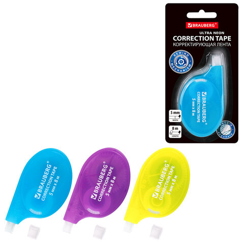 Корректирующая лента BRAUBERG ULTRA NEON, 5 мм х 8 м, цвет ассорти, блистер