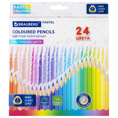 Карандаши цветные BRAUBERG PASTEL, 24 пастельных цвета, трехгранные, грифель 3 мм, натуральное дерево