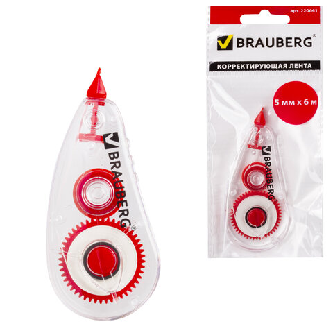 Корректирующая лента BRAUBERG RED POWER, 5 мм х 6 м, корпус , механизм перемотки, европодвес