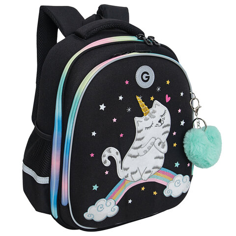 Ранец GRIZZLY анатомическая спинка, c брелоком, для девочек, RAINBOW CAT, см, RAz-486-2/1