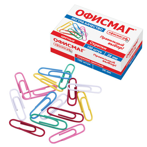 Скрепки ЭКСТРА ОФИСМАГ 28 мм цветные 100 штук