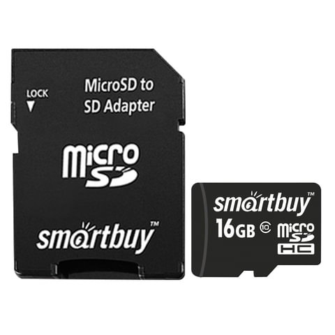 Карта памяти microSDHC, GB, SMARTBUY, 10 Мб/сек. (class 10), с адаптером, SB16GBSDCL10-01