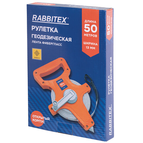 Рулетка геодезическая 50 м х 13 мм, лента фибергласс, открытый корпус, RABBITEX (РАББИТЕКС)