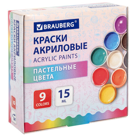 Краски акриловые ПАСТЕЛЬНЫЕ для рисования и творчества 9 цветов по мл, BRAUBERG
