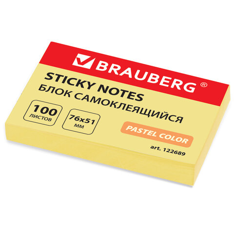 Блок самоклеящийся (стикеры) BRAUBERG, ПАСТЕЛЬНЫЙ, мм, 100 листов