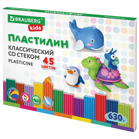 Пластилин классический BRAUBERG KIDS, 45 цветов, г, стек, ВЫСШЕЕ КАЧЕСТВО
