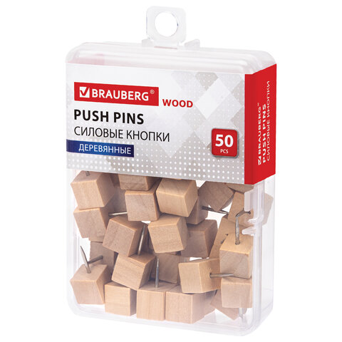 Силовые кнопки-гвоздики BRAUBERG WOOD, деревянные (кубики), 50 штук, мм