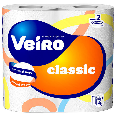 Бумага туалетная бытовая, спайка 4 шт., 2-слойная (4х15 м), VEIRO Classic (Вейро), 5с24