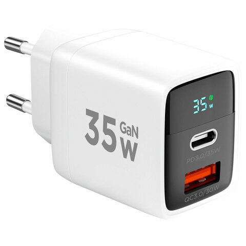 Зарядное устройство сетевое (220В) CABLEXPERT, дисплей, 35 Вт GaN, QC4/PD3, 1хUSB, 1хType-C, MP3A-PC-52