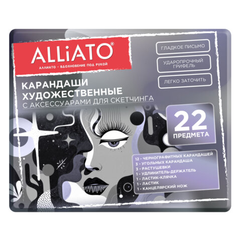 Карандаши художественные с аксессуарами для скетчинга, НАБОР 22 предмета, металлический кейс, ALLIATO (АЛЛИАТО)