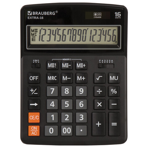 Калькулятор настольный BRAUBERG EXTRA-16-BK (206x155 мм), 16 разрядов, двойное питание