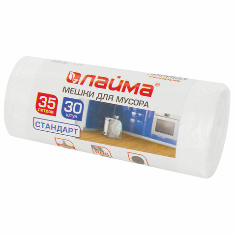 Мешки для мусора л белые в рулоне 30 шт., ПНД 6 мкм, 48х55 см, LAIMA