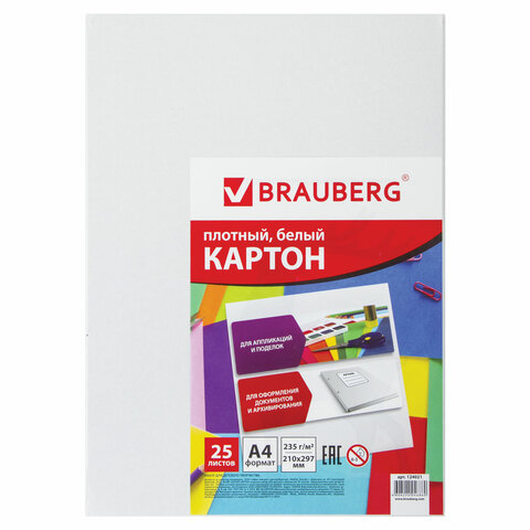 Картон белый А4 МЕЛОВАННЫЙ (белый оборот), 25 листов, BRAUBERG, 210х297 мм