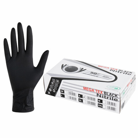 Перчатки нитриловые сверхпрочные с текстурой SFM MEGA TEX BLACK, Германия, 25 пар (50 штук), размер 6-7, S (малый)