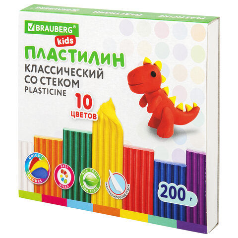 Пластилин классический BRAUBERG KIDS, 10 цветов, г, со стеком