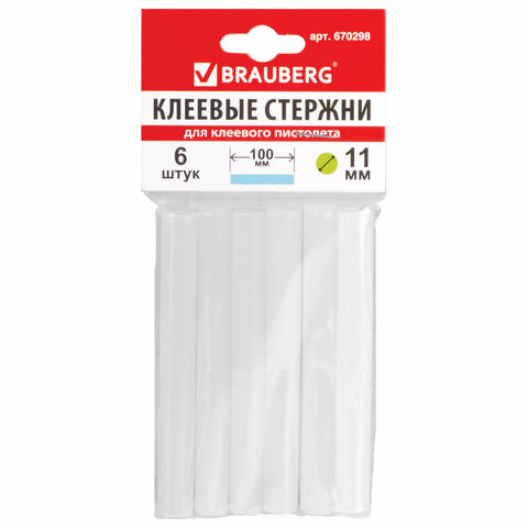 Клеевые стержни, диаметр мм, длина 100 мм, комплект 6 штук, BRAUBERG, европодвес