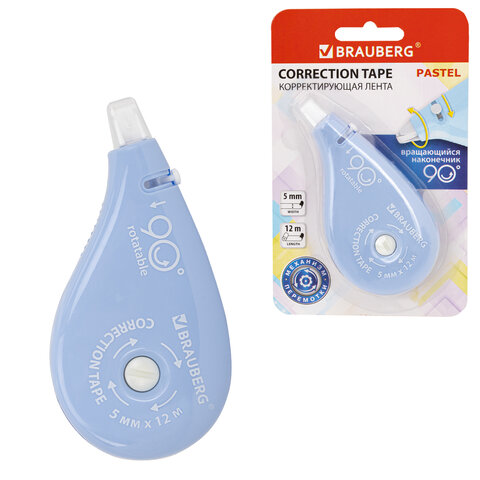Корректирующая лента BRAUBERG PASTEL 5 мм х 12 м, вращающийся наконечник 90°, механизм перемотки, корпус , блистер