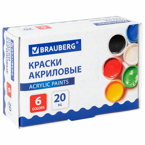 Краски акриловые для рисования и творчества 6 цветов по мл, BRAUBERG
