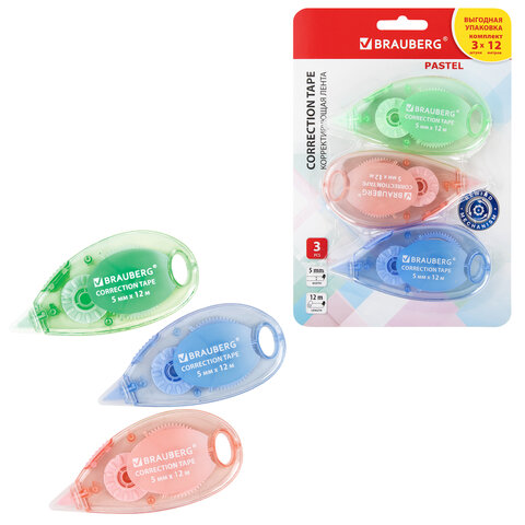 Корректирующая лента BRAUBERG PASTEL, 5 мм x 12 м, механизм перемотки, ВЫГОДНАЯ УПАКОВКА 3 штуки в блистере