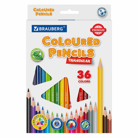 Карандаши цветные BRAUBERG PREMIUM, 36 цветов, трехгранные, грифель 3 мм