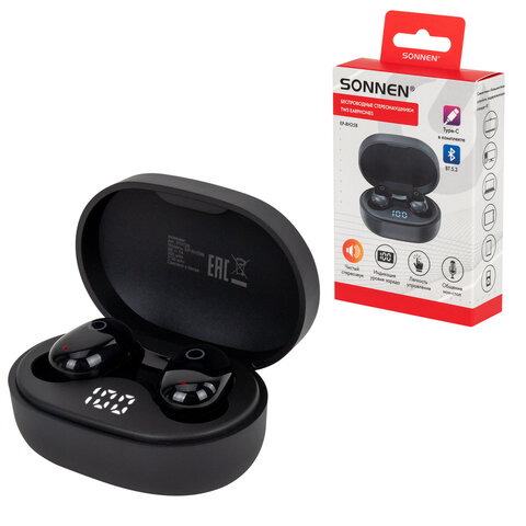 Наушники беспроводные TWS внутриканальные с микрофоном, SONNEN EP-BH25B, Bluetooth 5.3