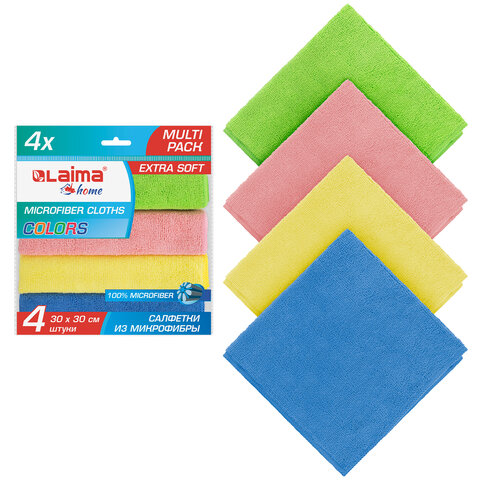 Салфетка из МИКРОФИБРЫ универсальная см, КОМПЛЕКТ 4 шт., MULTI PRO COLOUR, 280 г/м2, LAIMA