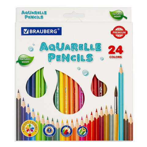 Карандаши цветные акварельные BRAUBERG PREMIUM AQUARELLE, 24 цвета, трехгранные, утолщенный грифель 4 мм, натуральное дерево