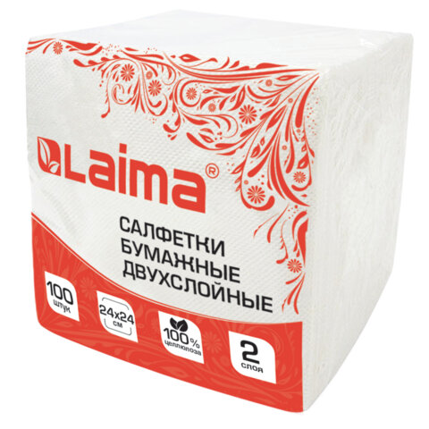 Салфетки бумажные 100 штук, 2-слойные, см, LAIMA, 100% целлюлоза