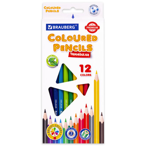 Карандаши цветные BRAUBERG PREMIUM, 12 цветов, трехгранные, грифель 3 мм