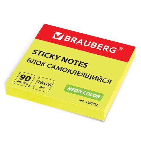 Блок самоклеящийся (стикеры), BRAUBERG, НЕОНОВЫЙ, 76х76 мм, 90 листов