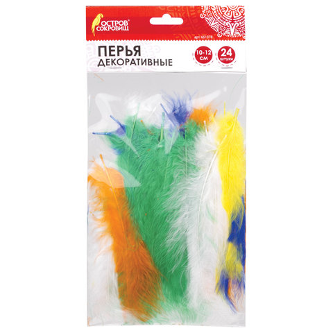 Перья декоративные страусиные, 10-12 см, 24 шт., 6 цветов, яркие, ОСТРОВ СОКРОВИЩ