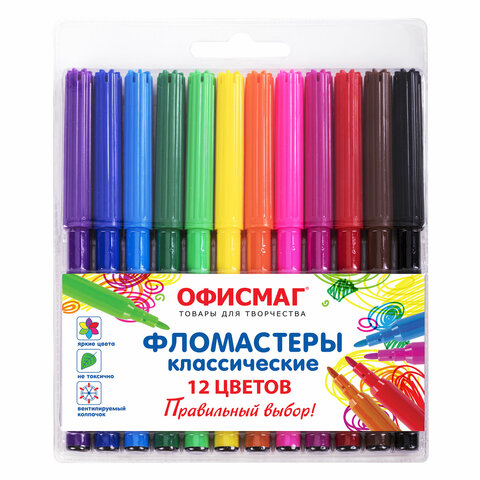 Фломастеры ОФИСМАГ 12 цветов, КЛАССИЧЕСКИЕ, вентилируемый колпачок, ПВХ упаковка