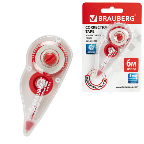 Корректирующая лента BRAUBERG, 5 мм х 6 м, корпус , механизм перемотки, блистер
