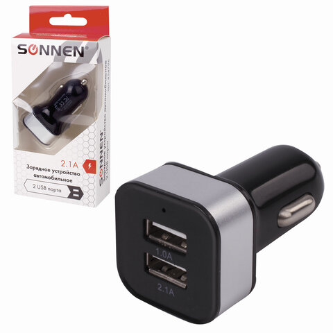 Зарядное устройство автомобильное SONNEN, 2 порта USB, выходной ток 2,1 А, черное-белое