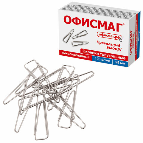 Скрепки ОФИСМАГ, 25 мм, никелированные, треугольные, 100 шт., в картонной коробке