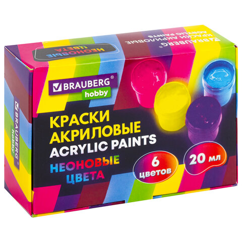 Краски акриловые НЕОНОВЫЕ для рисования и творчества 6 цветов по мл, BRAUBERG HOBBY