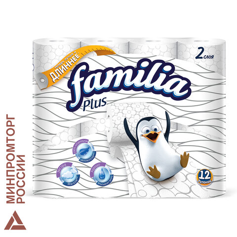 Бумага туалетная бытовая, спайка 12 шт., 2-слойная (12х20,4 м), FAMILIA PLUS