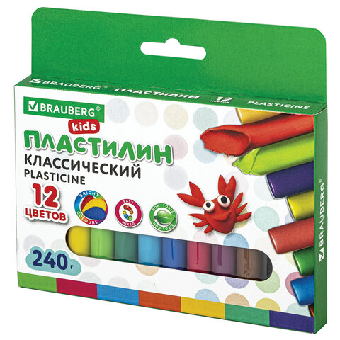 Пластилин классический BRAUBERG KIDS, 12 цветов, г, ВЫСШЕЕ КАЧЕСТВО