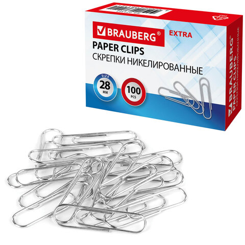 Скрепки EXTRA BRAUBERG 28 мм никелированные 100 штук
