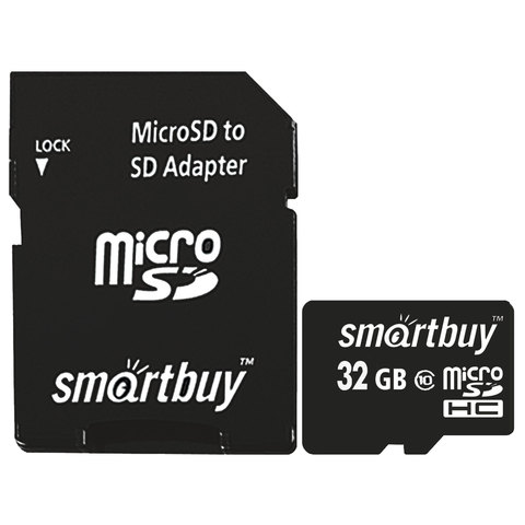 Карта памяти micro SDHC, GB, SMARTBUY, 10 Мб/сек. (class 10), с адаптером, SB32GBSDCL10-01