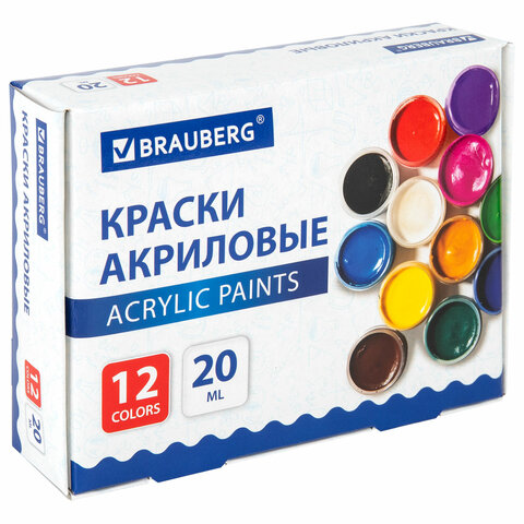 Краски акриловые для рисования и творчества 12 цветов по мл, BRAUBERG