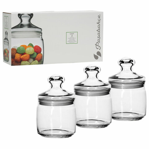 Банка для сыпучих продуктов, с крышкой, КОМПЛЕКТ 3 штуки, мл, стекло, PASABAHCE 