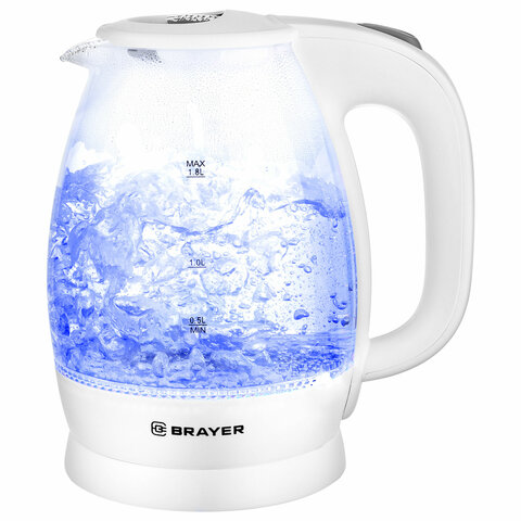 Чайник BRAYER BR1013WH, 1,8 л, 2200 Вт, закрытый нагревательный элемент, стекло