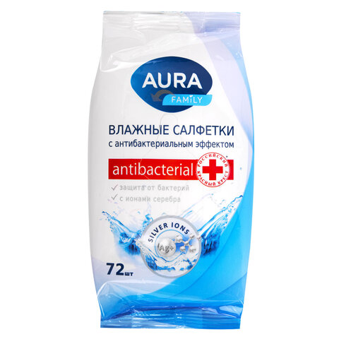 Салфетки влажные, 72 шт., AURA Family, антибактериальные, для всей семьи